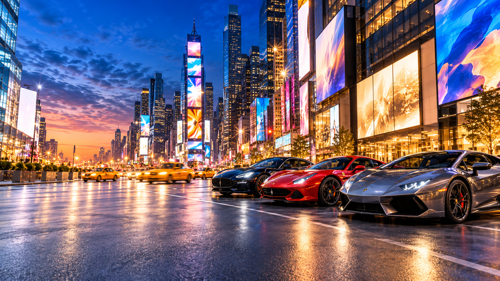 Luxury cars and yellow taxis in Times Square